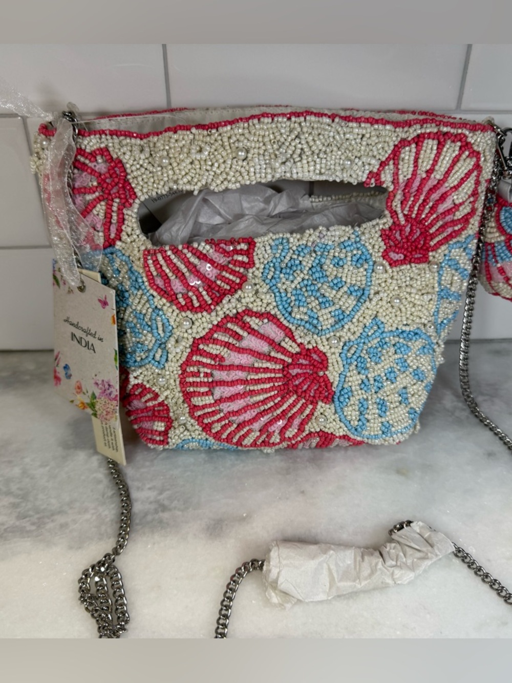 NEW RELEASE Handcrafted In India Beaded Seashell Crossbody Bag Purse w Charm NWT